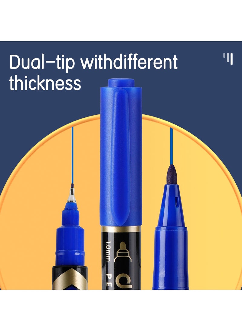 Deli EU10430 Permanent Marker (Blue, Dual-tip 1.0mm & 0.5mm, 12pcs/box) 鈥?ideal for labeling, marking, and detailed writing - Image 2