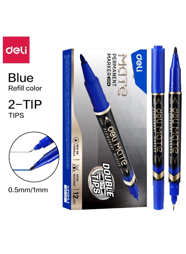 Deli EU10430 Permanent Marker (Blue, Dual-tip 1.0mm & 0.5mm, 12pcs/box) 鈥?ideal for labeling, marking, and detailed writing - Image 1