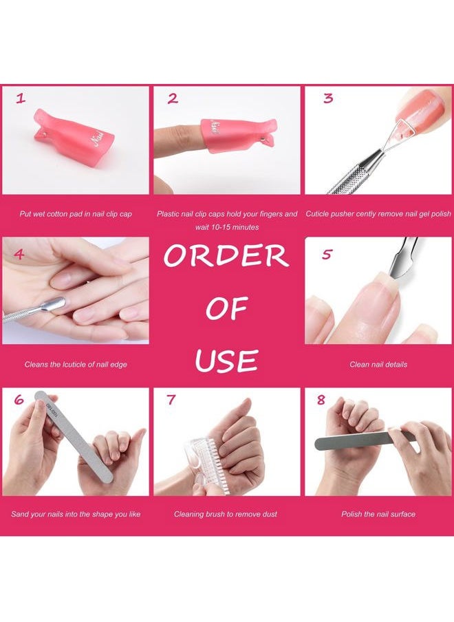 Hoewina - Gel Nail Polish Remover Tools Kit, with 10 Pcs Nail Clips, 400 Pcs Lint Free Nail Wipes, Nail Files 100/180, Buffer Block 400/4000, Nail Brush, Cuticle Pusher, Cuticle Peeler (Pink) - Image 1