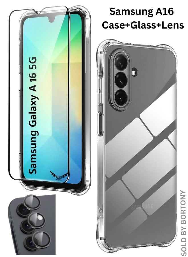 BORTONY Samsung Galaxy A16 Clear Case Cover Anti-Yellowing Shockproof Bumper Phone Cover With Screen Protector  9H Hardness Clear Glass 3in1 Camera Lens Protector for Samsung Galaxy A16 5G - Image 1