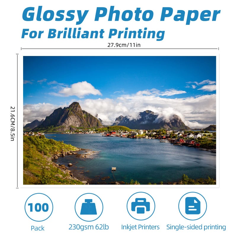Uinkit 100 Sheets Thick Inkjet Glossy Photo Paper Picture 8.5x11 62lb 230g 11.1mil Cardstock Postcard Brochure For Dye Ink Inkjet Printer - Image 2