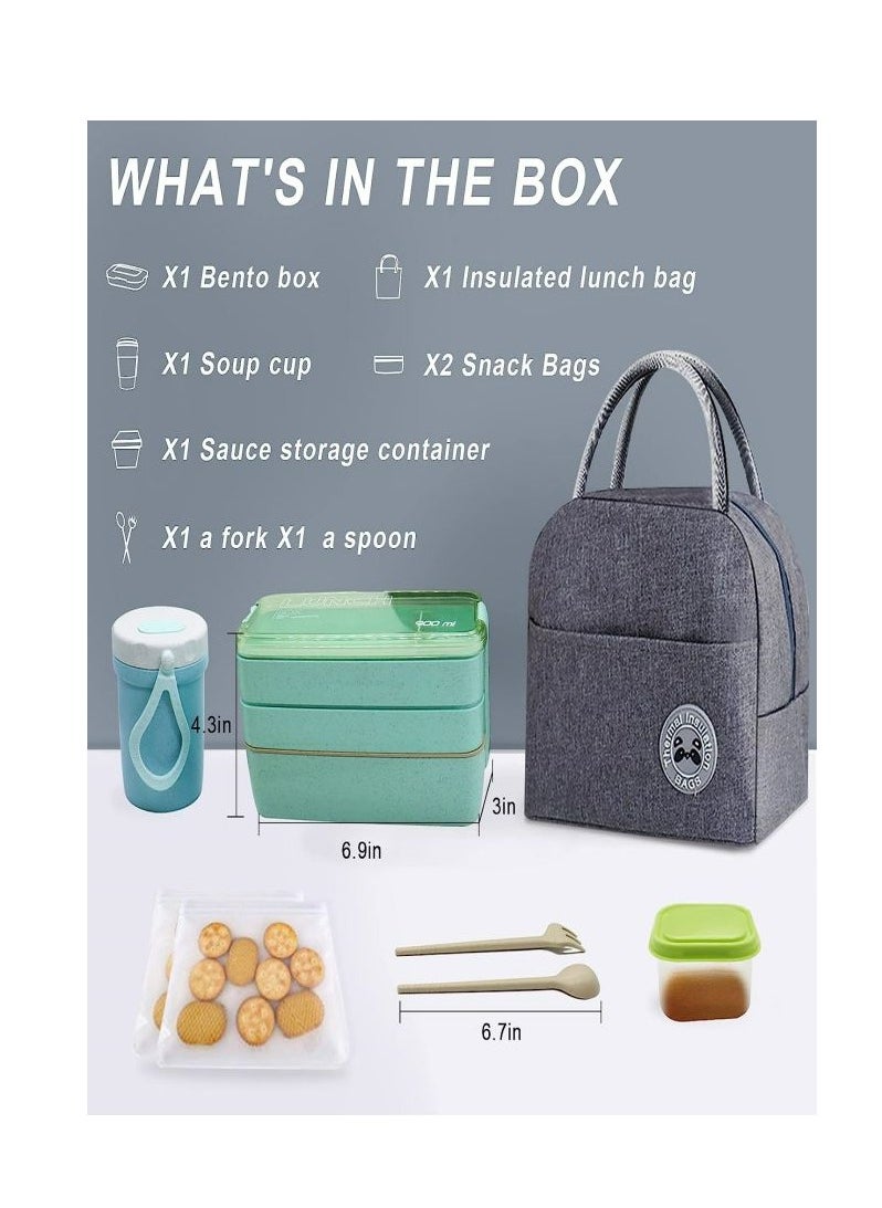 Bento Box Kit, Japanese Lunch Box 3 in 1 Compartment, Leakproof 3 Layer Lunch Container for Kids and Adults