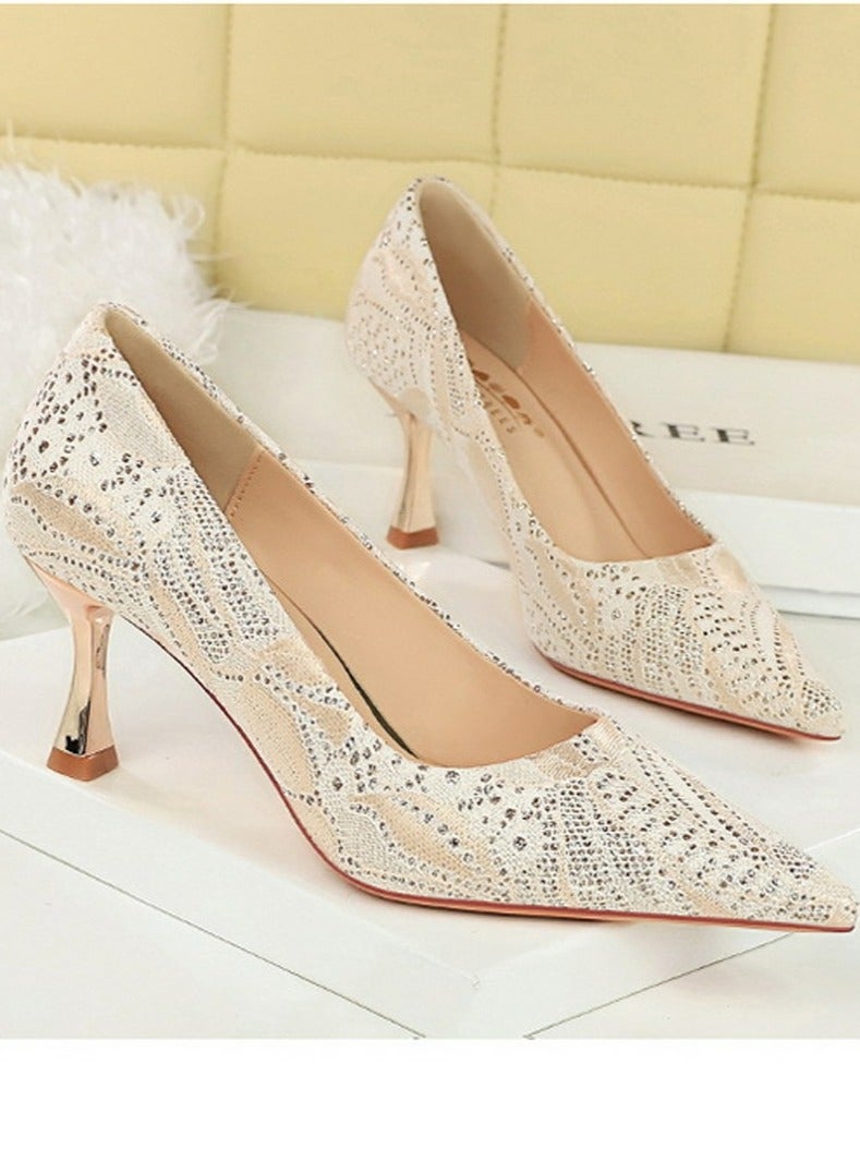 BIGTREE Women's Sparkly Lace Stiletto Pumps Pointed Closed Toe High Heels 7CM Champagne - Image 2