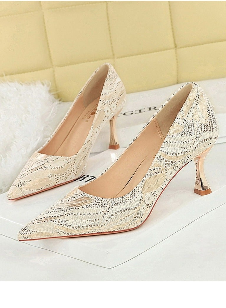 BIGTREE Women's Sparkly Lace Stiletto Pumps Pointed Closed Toe High Heels 7CM Champagne - Image 1