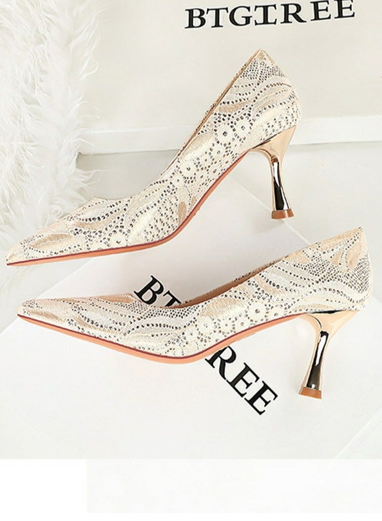 BIGTREE Women's Sparkly Lace Stiletto Pumps Pointed Closed Toe High Heels 7CM Champagne - Image 3