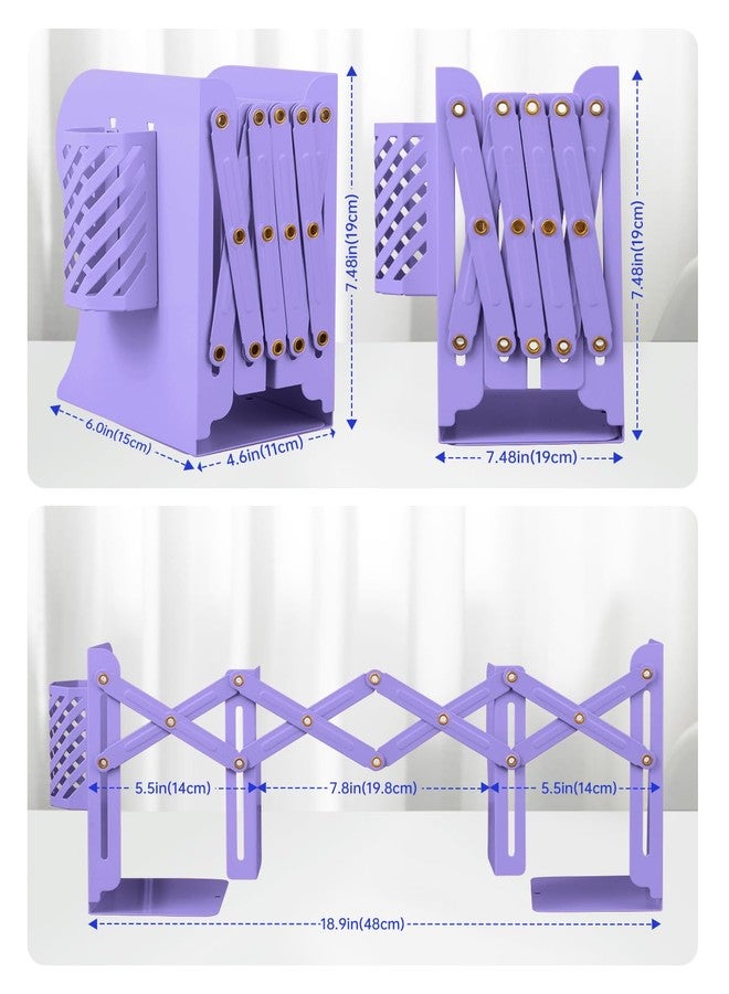 Honagu Adjustable Bookends, Metal Book Ends for Shelves Heavy Book, Desk Magazine File Organizer for Home, Office, Books, Papers, Extends up to 19 inches with Pen Holder (Purple) - Image 3