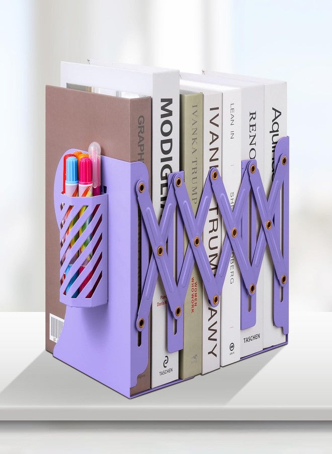 Honagu Adjustable Bookends, Metal Book Ends for Shelves Heavy Book, Desk Magazine File Organizer for Home, Office, Books, Papers, Extends up to 19 inches with Pen Holder (Purple) - Image 1