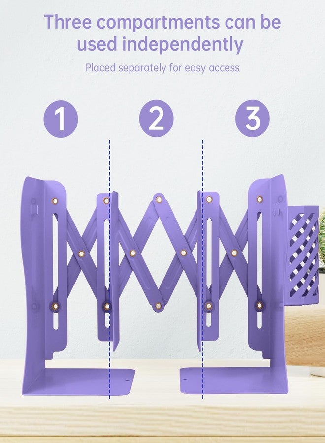 Honagu Adjustable Bookends, Metal Book Ends for Shelves Heavy Book, Desk Magazine File Organizer for Home, Office, Books, Papers, Extends up to 19 inches with Pen Holder (Purple) - Image 4