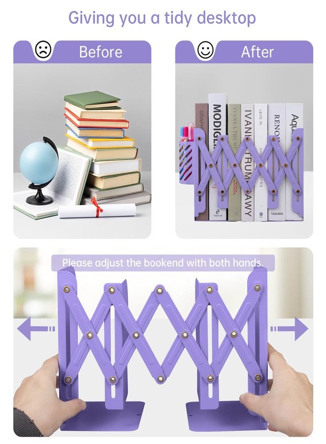 Honagu Adjustable Bookends, Metal Book Ends for Shelves Heavy Book, Desk Magazine File Organizer for Home, Office, Books, Papers, Extends up to 19 inches with Pen Holder (Purple) - Image 2