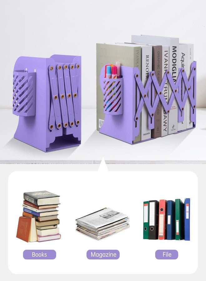 Honagu Adjustable Bookends, Metal Book Ends for Shelves Heavy Book, Desk Magazine File Organizer for Home, Office, Books, Papers, Extends up to 19 inches with Pen Holder (Purple) - Image 5