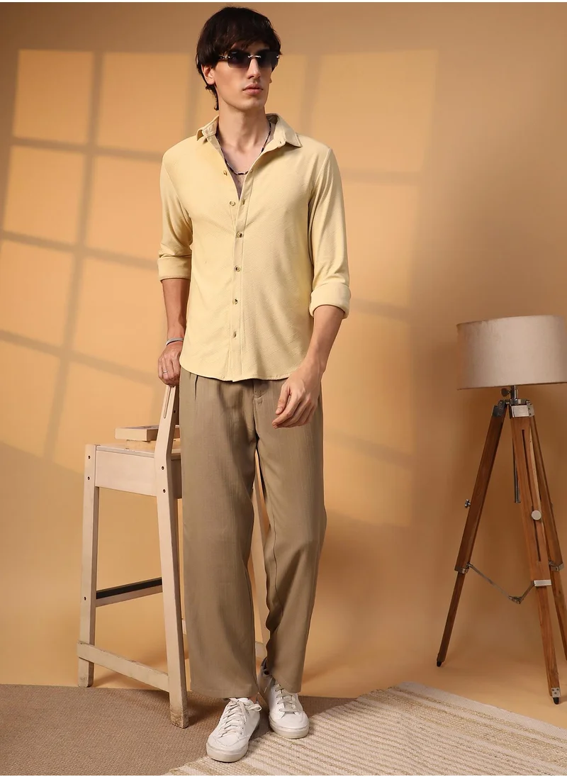 Campus Sutra Men's Butter Yellow Criss-Cross Shirt