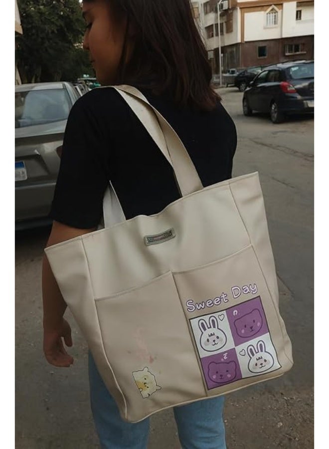 Tote Bag - A stylish casual bag with a cute design that adds a touch of beauty and spontaneity to your look. Perfect for university, outings, or shopping. Code 0001 - Image 4