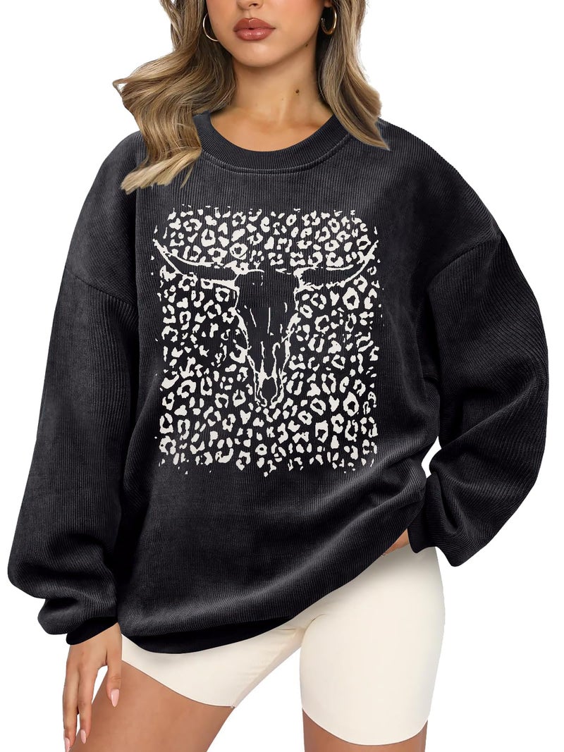 UNIQUEONE Boho Cow Skull Sweatshirt Women: Cowgirl Sweater Vintage Western Rodeo Graphic Tee Country Concert Outfits Pullover Gray - Image 1