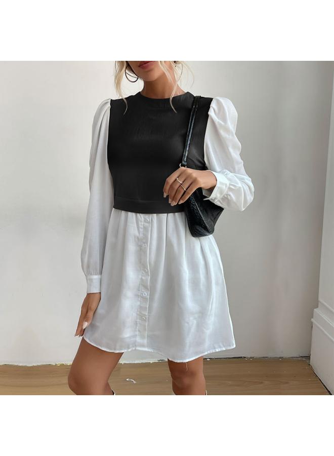 Independent Station Autumn Women's Clothing New Round Neck Puff Sleeve Contrast Color Stitching Commuter Shirt Dress