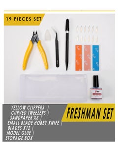 19 pieces/Yellow clippers + plier covers | Curved tweezers | Sandpaper x3 | Small blade hobby knife | Blades x12 | Model glue | Storage box