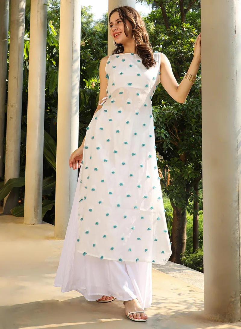 QISSA Women's Daisy White Bloom Motif Kurta With Crop Top And Palazzo