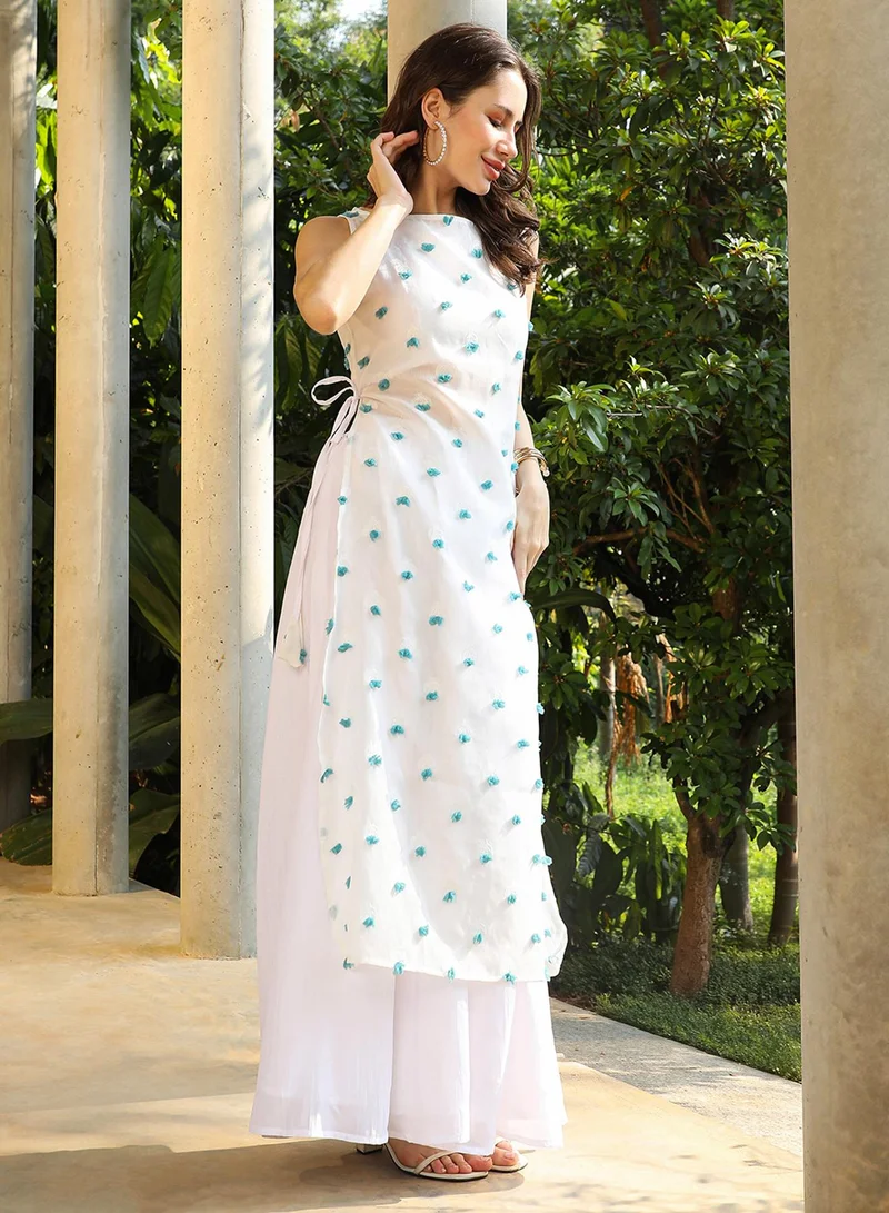 QISSA Women's Daisy White Bloom Motif Kurta With Crop Top And Palazzo