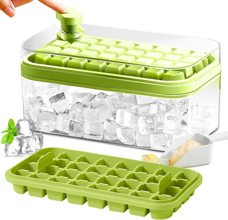 Printme FoodGrade Silicone Ice Cube Mould One Button Release All Ice Cubes Reusable 64 Ice Cube Tray for Chilling Cocktail Whiskey Coffee with Storage Bin2 Trays1 Scoop Green - Image 1