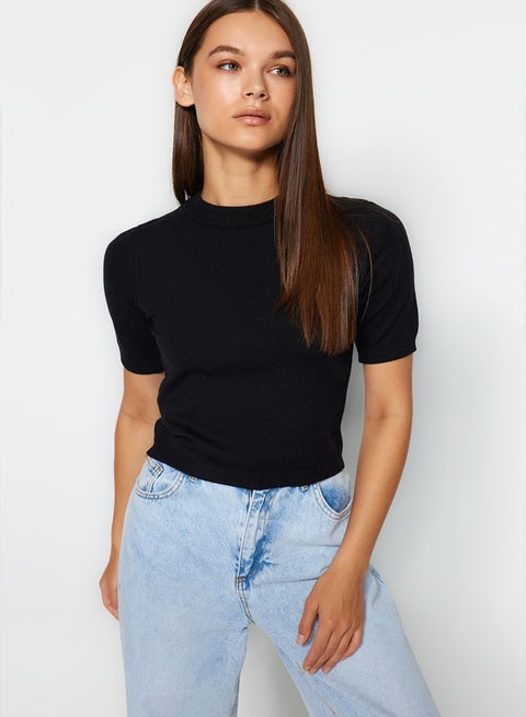 Black Mercerized Look Crop Premium Yarn/Special Yarn Basic Knitwear Blouse