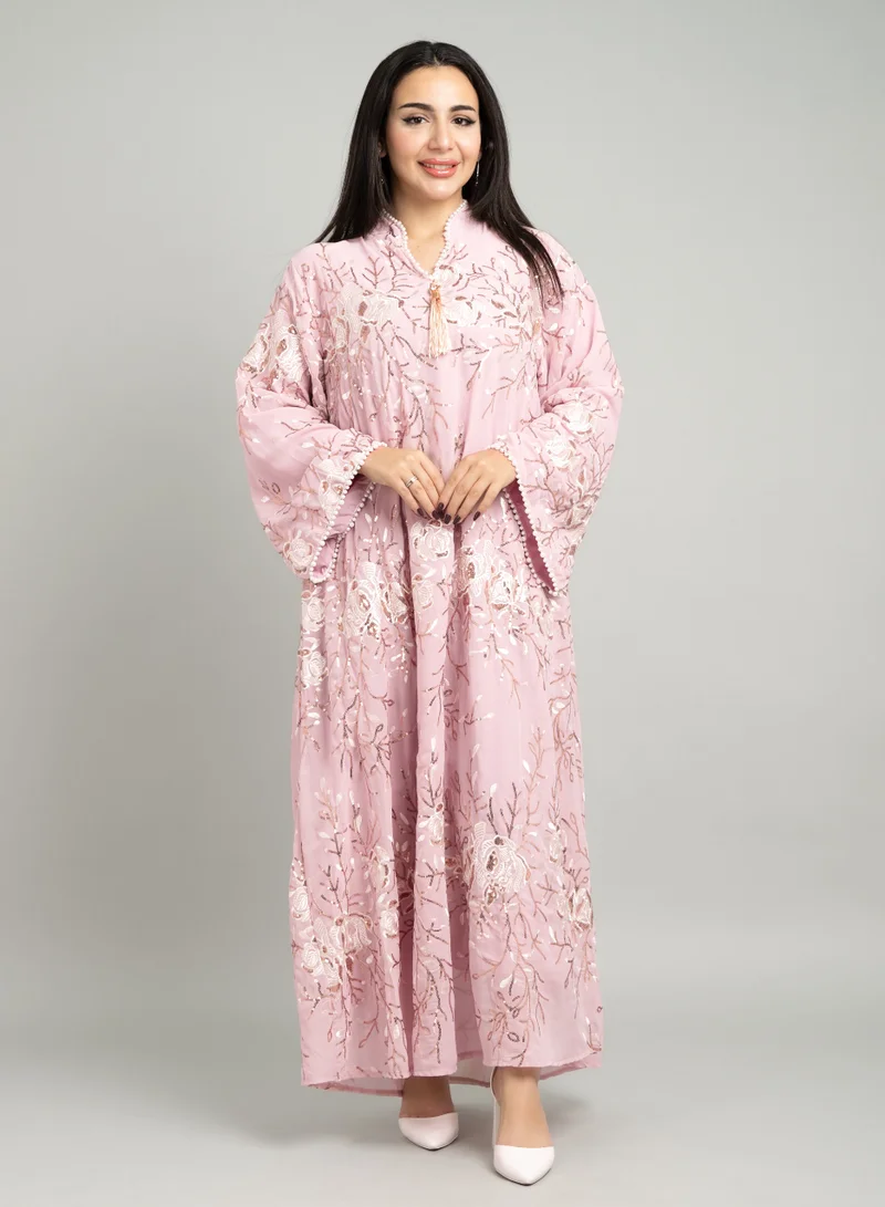IKKXA Embroidered and Sequin Detail Wide Sleeves Evening Jalabiya CJ1077 Pink