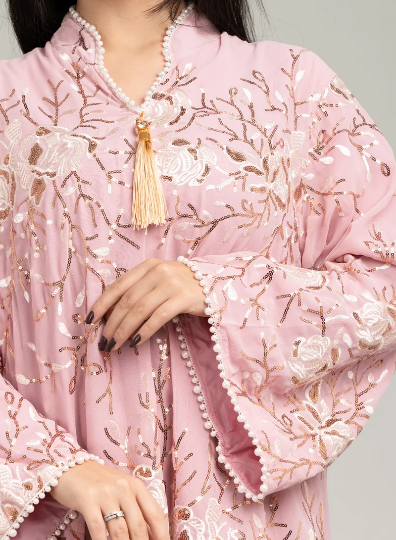 IKKXA Embroidered and Sequin Detail Wide Sleeves Evening Jalabiya CJ1077 Pink