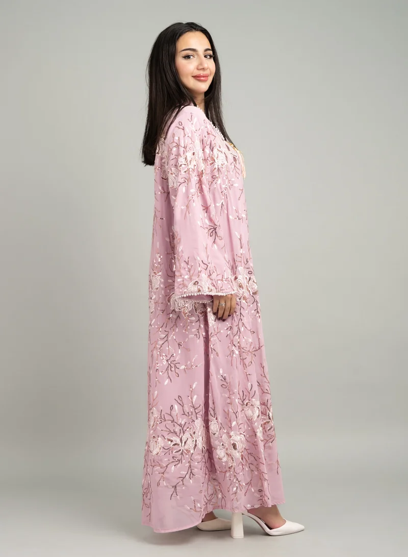 IKKXA Embroidered and Sequin Detail Wide Sleeves Evening Jalabiya CJ1077 Pink