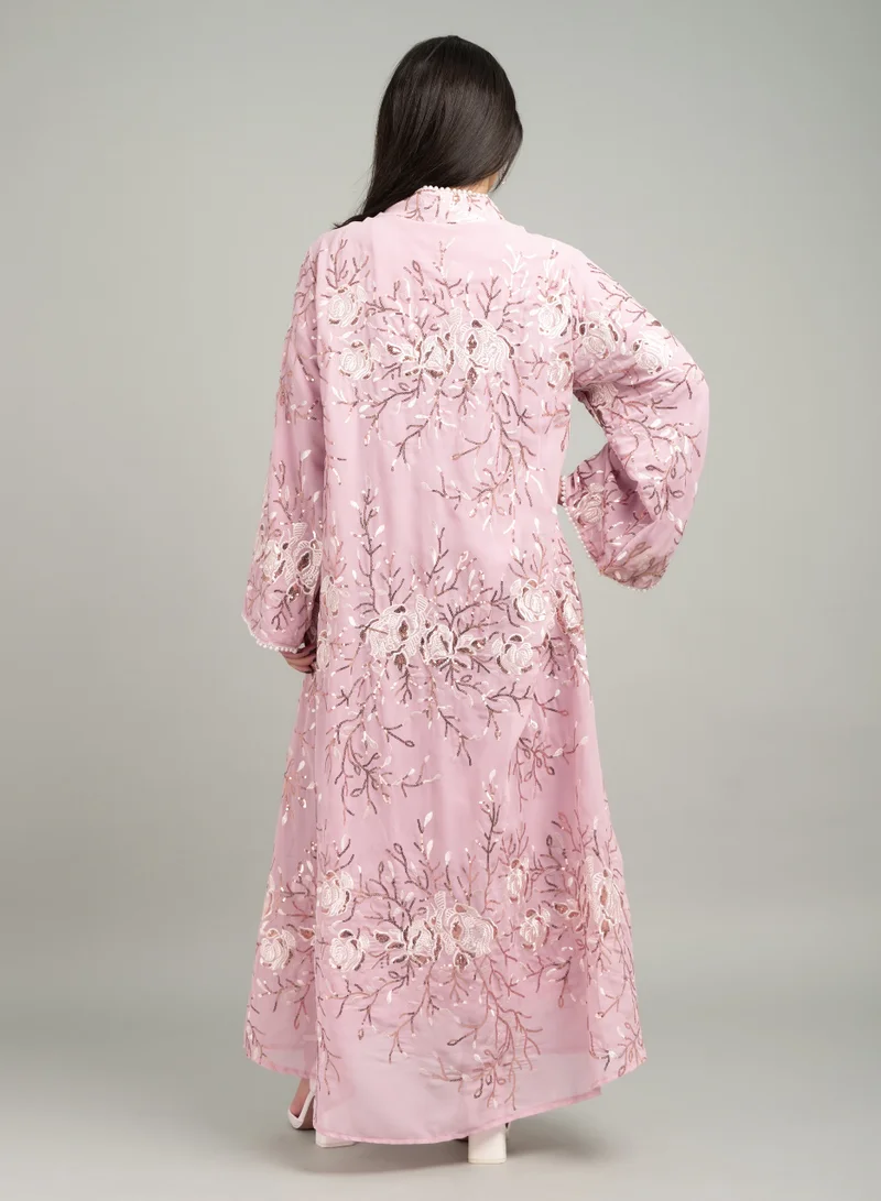 IKKXA Embroidered and Sequin Detail Wide Sleeves Evening Jalabiya CJ1077 Pink
