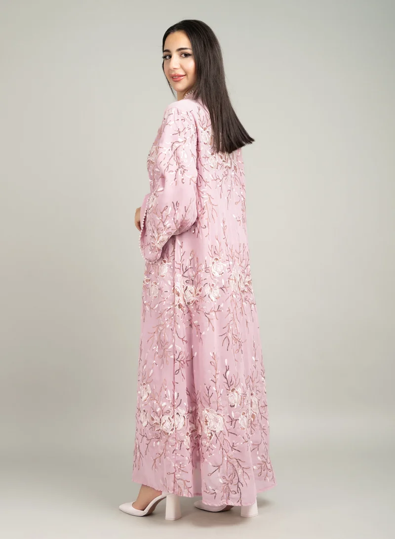 IKKXA Embroidered and Sequin Detail Wide Sleeves Evening Jalabiya CJ1077 Pink