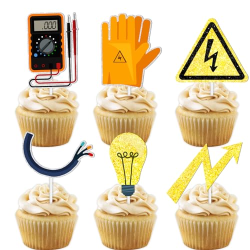 LETLIMIT 18pcs Gold Glitter Tools Dessert Cupcake Topper Power Electrician Lineman Theme Decor Supplies Boy Man Happy Birthday Party Decorations - Image 1