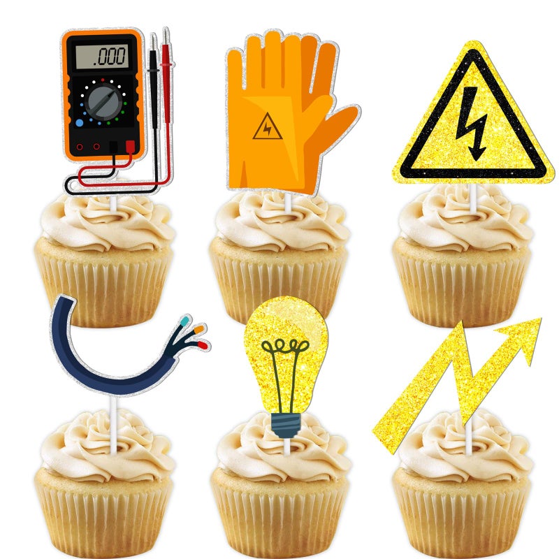LETLIMIT 18pcs Gold Glitter Tools Dessert Cupcake Topper Power Electrician Lineman Theme Decor Supplies Boy Man Happy Birthday Party Decorations - Image 2