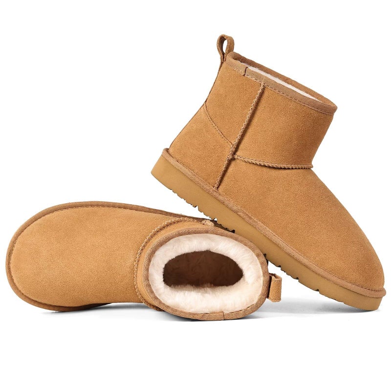OOW Womens Genuine Suede Boots Brown Anti-slip Warm Comfort Ankle Fuzzy Winter Short Boots for Outdoor Indoor - Image 1