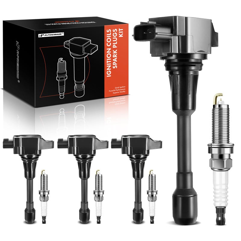 A-Premium Ignition Coil Pack and Iridium Spark Plugs - Compatible with Nissan Versa 2007-2011, Sentra 2007-2019, Frontier 2016-2019, Altima 2007-2018 - 1.6L 1.8L 2.5L - Image 1