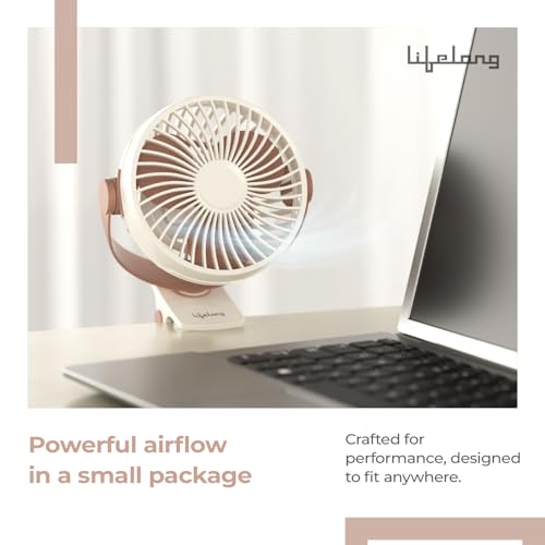 Lifelong Portable USB Fan with 3 Speeds | Up to 5-hours Battery Backup | Type-C Charging, 2000mAh Battery, Overcharge Protection, Silent Operation & Compact Design (LLUSBCF03, Mocha Brown) - Image 2