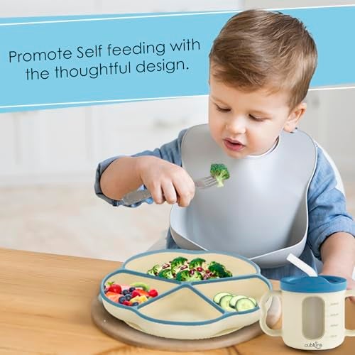 CUBKINS Silicone Suction Feeding Plate with Sippy Cup for Babies, Infants | Feeding Set for Kids, Toddlers | Washable & Reusable, Non-Messy Easy to Clean (Blue Olive) - Image 2