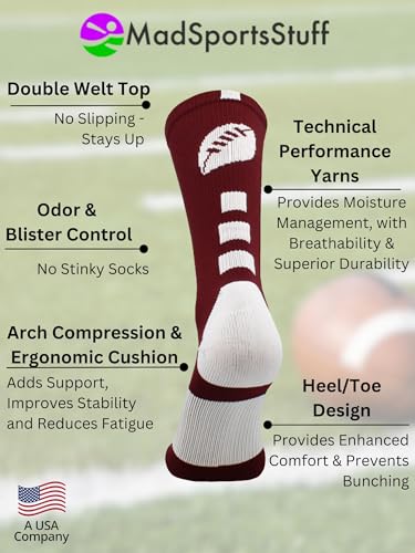 MadSportsStuff Football Logo Crew Socks (Maroon/White, Small) - Image 3