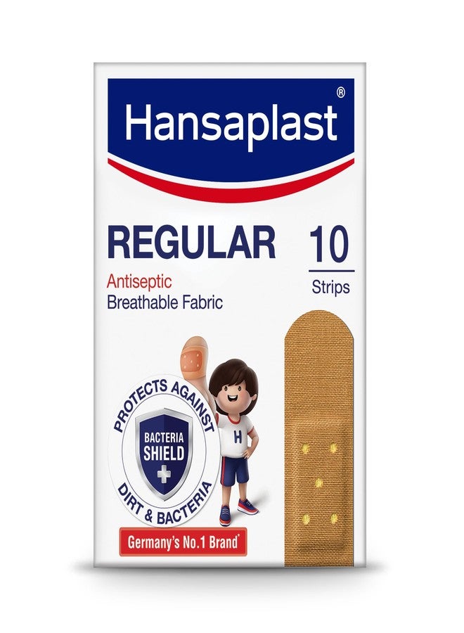 Hansaplast Antiseptic Regular Bandage for Cuts & Wounds | 10 strips | Pack of 12 | Breathable fabric | First Aid | Protects Against Dirt and Bacteria | For Kids & Adults - Image 1