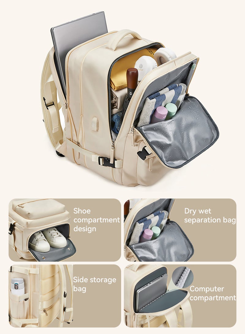 Moovant Large Travel Backpack for Women, Hiking Backpack, Waterproof Outdoor Sport Rucksack, Casual Daypack School Bag, Multifuctional Luggage Bag, Expandable with USB Charger, Shoe Compartment, Off-white  - Image 5