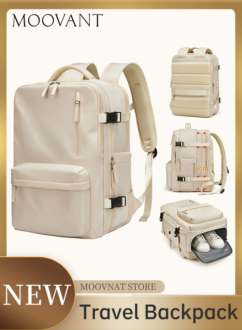 Moovant Large Travel Backpack for Women, Hiking Backpack, Waterproof Outdoor Sport Rucksack, Casual Daypack School Bag, Multifuctional Luggage Bag, Expandable with USB Charger, Shoe Compartment, Off-white  - Image 1