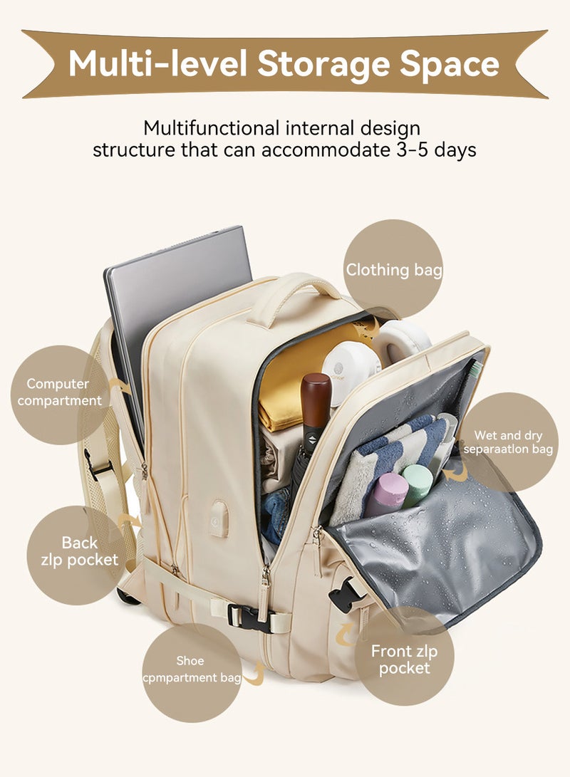 Moovant Large Travel Backpack for Women, Hiking Backpack, Waterproof Outdoor Sport Rucksack, Casual Daypack School Bag, Multifuctional Luggage Bag, Expandable with USB Charger, Shoe Compartment, Off-white  - Image 3