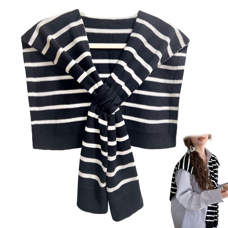 huablo Women's Fashion Knitted Knotted Shawl OfficeTravel Casual Scarf Cape Shoulder Wrap Shawl Faux Sweater Wrap Black stripe - Image 1