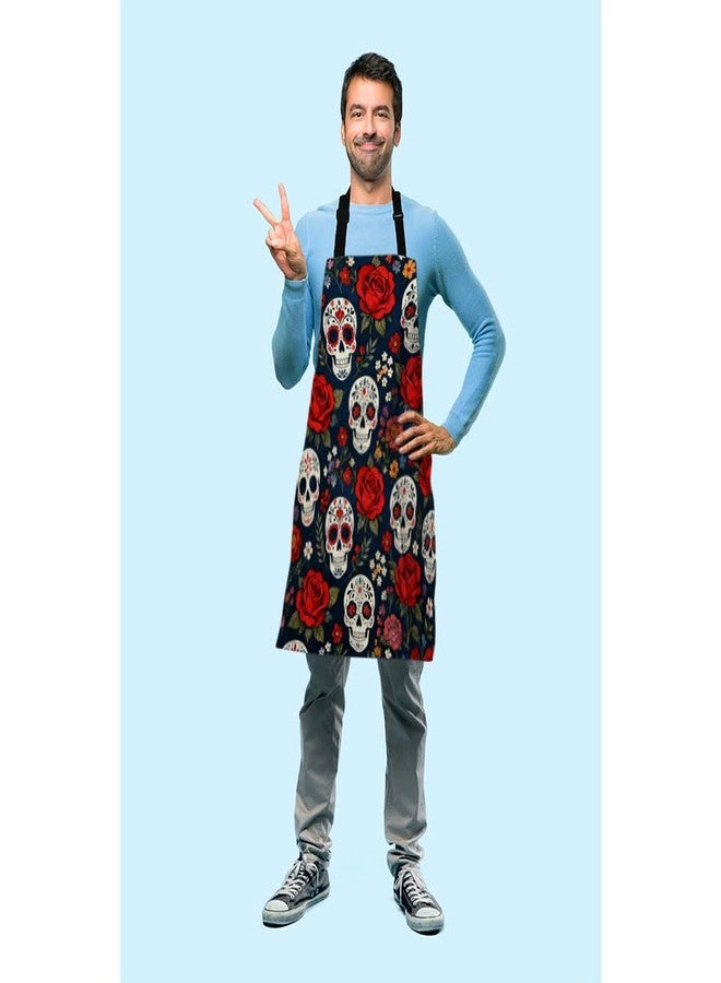 Beabes Sugar Skull Chef Apron 27 X 31 Inch Day of The Dead Sugar Skull with Floral Non-Pilling Bib Aprons for BBQ Grilling Gardening with Adjustable Neck Strap - Image 3