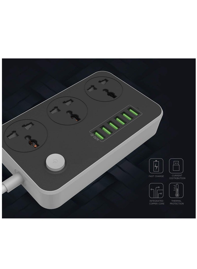 ELTRAZONE Power Strip Surge Protector with 3 Universal International Socket & Smart 6 USB Charging Ports 3.4A || 2 Metre Cord Length || 2500W 10A Rated Power || ABS Plastic Material - Image 4
