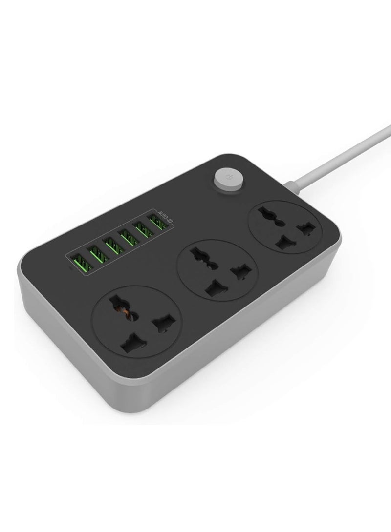 ELTRAZONE Power Strip Surge Protector with 3 Universal International Socket & Smart 6 USB Charging Ports 3.4A || 2 Metre Cord Length || 2500W 10A Rated Power || ABS Plastic Material - Image 1