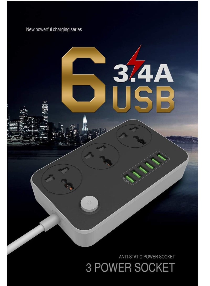ELTRAZONE Power Strip Surge Protector with 3 Universal International Socket & Smart 6 USB Charging Ports 3.4A || 2 Metre Cord Length || 2500W 10A Rated Power || ABS Plastic Material - Image 2