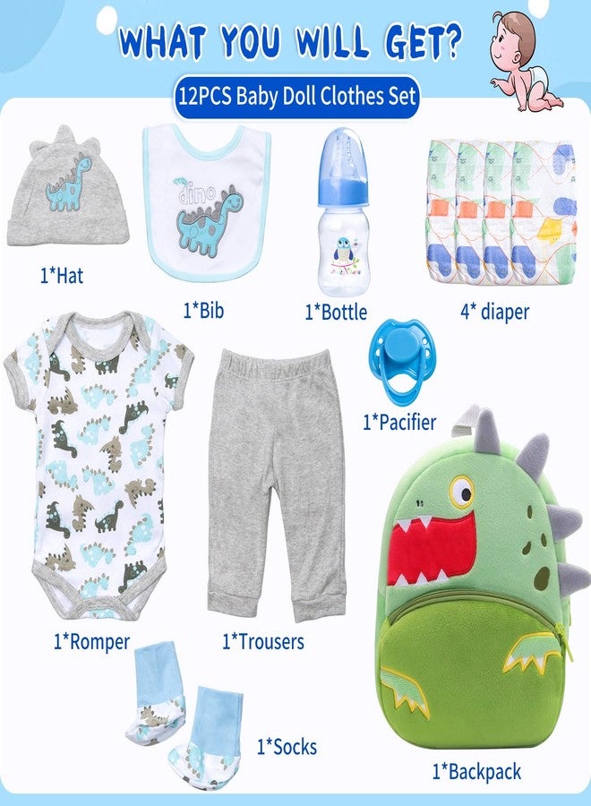PEDOLLTREE Reborn Baby Dolls Clothes Accessories Dinosaur Outfit Set 12 Pcs Set for 17-22 Inch Reborn Doll Newborn Baby Boy with Green Dinosaur Backpack - Image 2