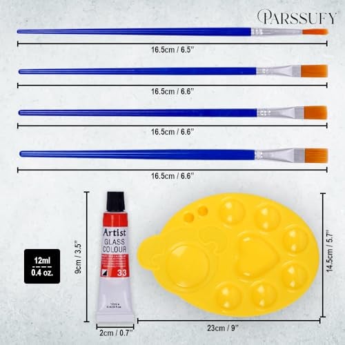 Parssufy Glass Paint Set - (12 colors x 12 ml) Multicolour Non-Toxic Paint Tubes with Mixing Palette & 4 Brushes for Artists, Beginners - Kit for Art & Craft, Drawing, Canvas, Painting, Poster(Glass paint set with Brushes & Palette) - Image 3