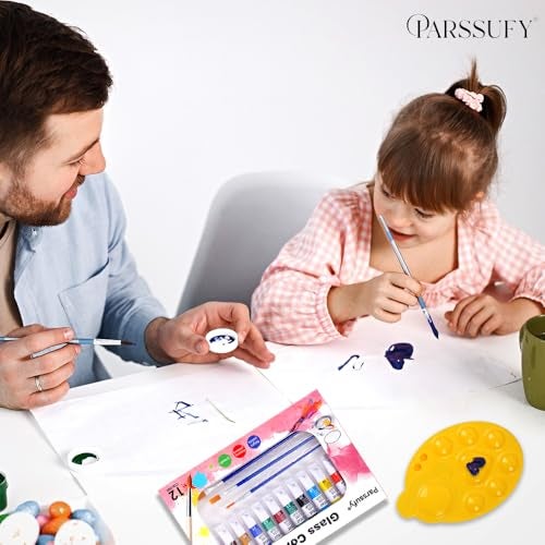 Parssufy Glass Paint Set - (12 colors x 12 ml) Multicolour Non-Toxic Paint Tubes with Mixing Palette & 4 Brushes for Artists, Beginners - Kit for Art & Craft, Drawing, Canvas, Painting, Poster(Glass paint set with Brushes & Palette) - Image 4