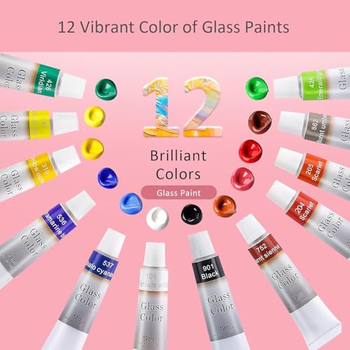 Parssufy Glass Paint Set - (12 colors x 12 ml) Multicolour Non-Toxic Paint Tubes with Mixing Palette & 4 Brushes for Artists, Beginners - Kit for Art & Craft, Drawing, Canvas, Painting, Poster(Glass paint set with Brushes & Palette) - Image 5