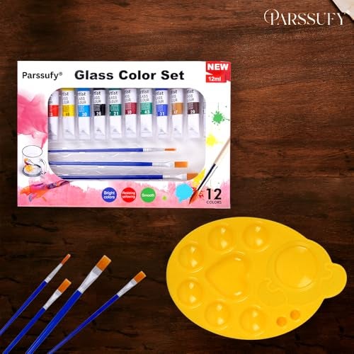 Parssufy Glass Paint Set - (12 colors x 12 ml) Multicolour Non-Toxic Paint Tubes with Mixing Palette & 4 Brushes for Artists, Beginners - Kit for Art & Craft, Drawing, Canvas, Painting, Poster(Glass paint set with Brushes & Palette) - Image 2
