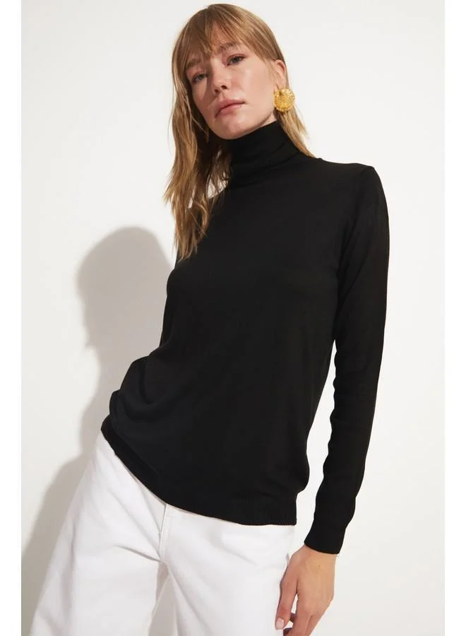 جون June Women Exclusive Viscose Blend Regular Fit Turtleneck Knitwear Sweater Black